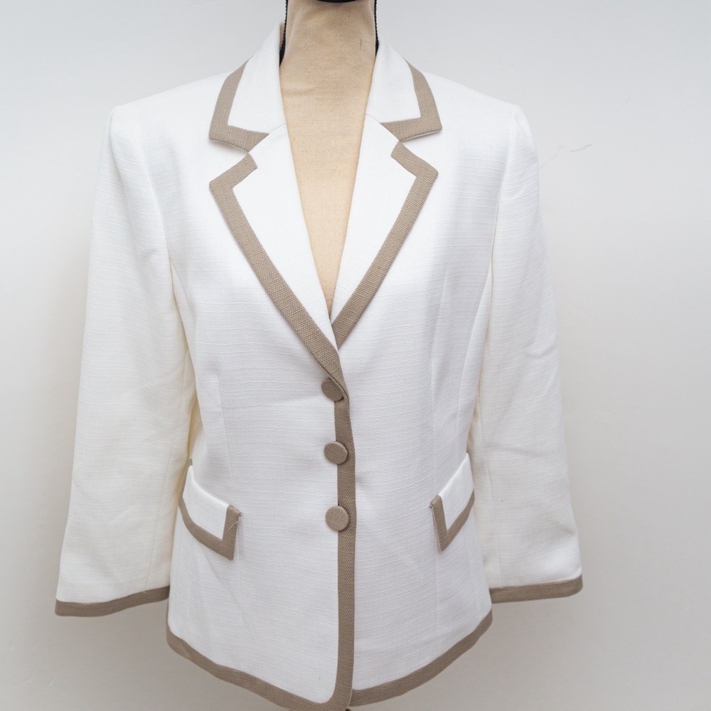 Tailored blazer jacket white tan khaki trim summer blazer Tahari 14 - Picture 11 of 15